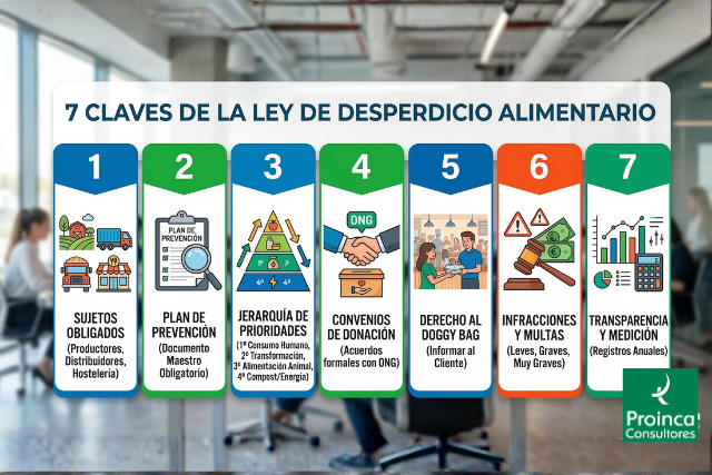 Infografía resumen sobre las 7 claves de la Ley de desperdicio alimentario para empresas