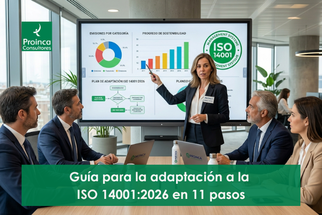 Equipo directivo planificando la adaptación a la ISO 14001 2026 en una oficina