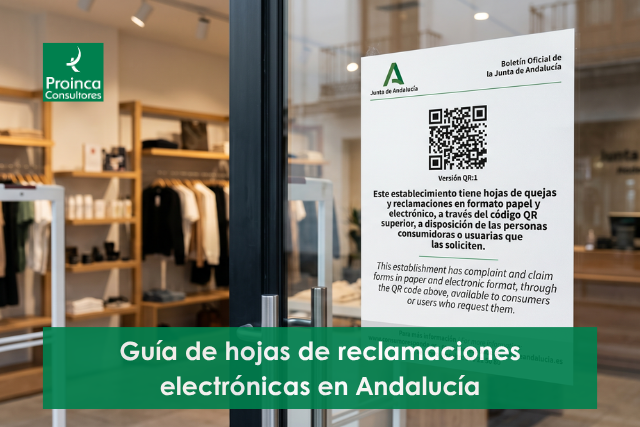 cartel oficial con código QR para las hojas de reclamaciones electrónicas en Andalucía en un local comercial